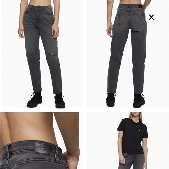 Calvin Klein Black Vintage Destructed High Rise Mom Ankle Jeans 25 - Picture 2 of 11